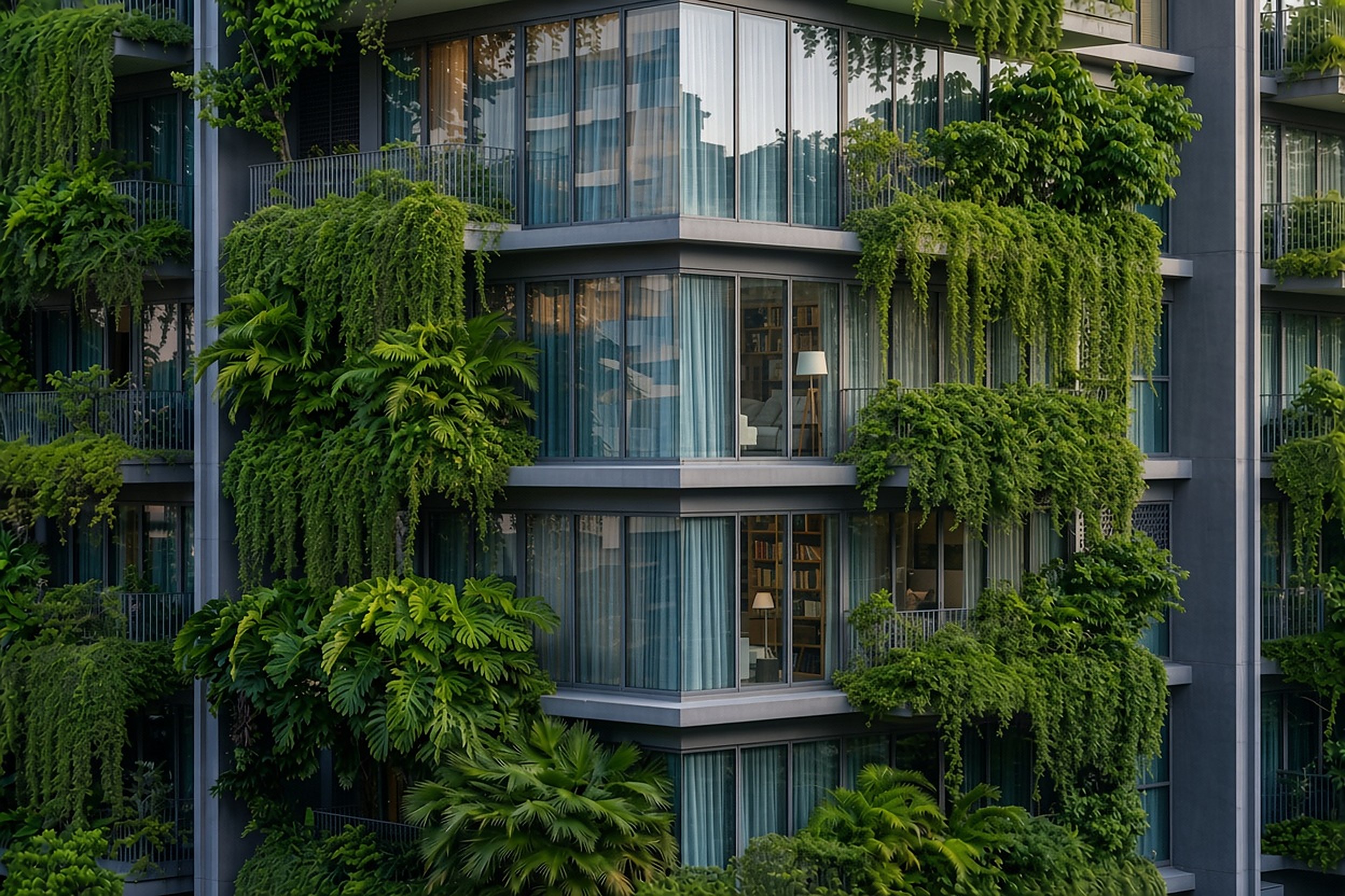 Fassade eines Gebäudes mit üppiger Vertikalbegrünung